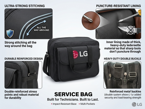 LG Service Bag features — ultra-strong stitching, puncture-resistant lining, heavy-duty buckle