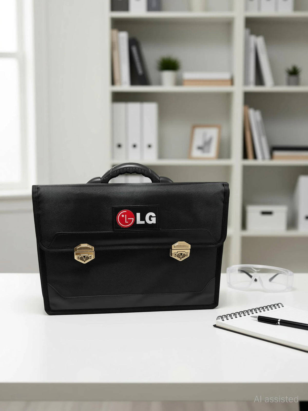LG Flap Service Bag front view showing LG logo and gold buckles